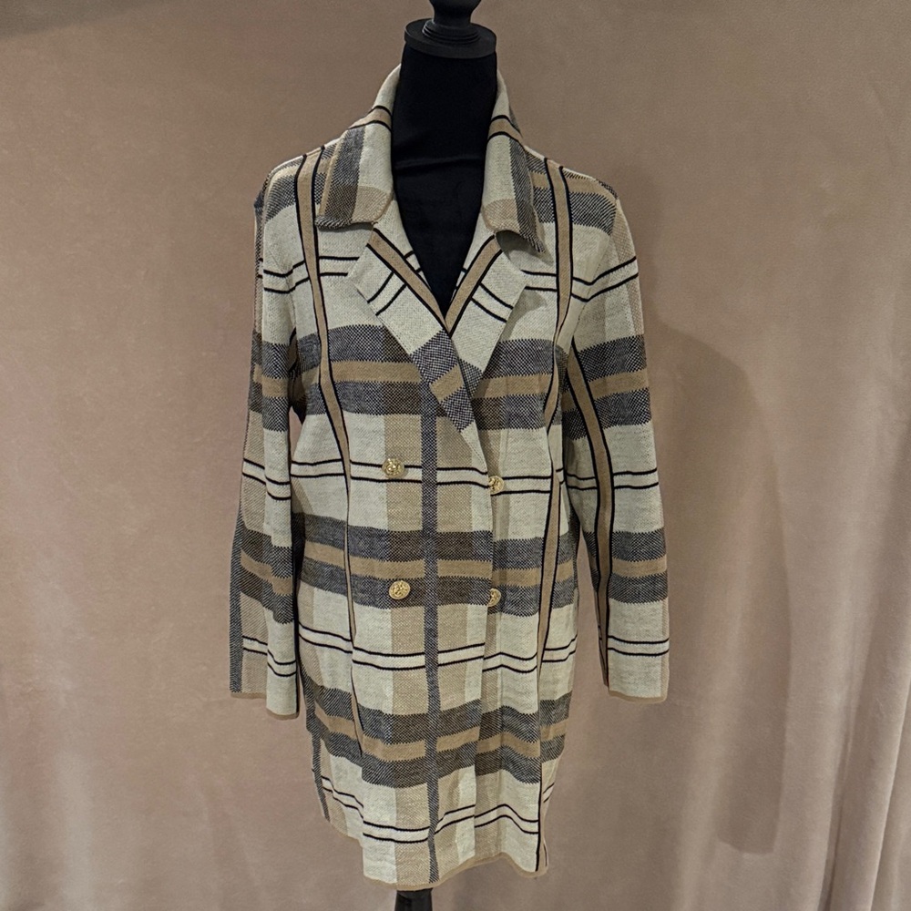 Anne Klein Plaid Double-Breasted Coat - Cream and Brown